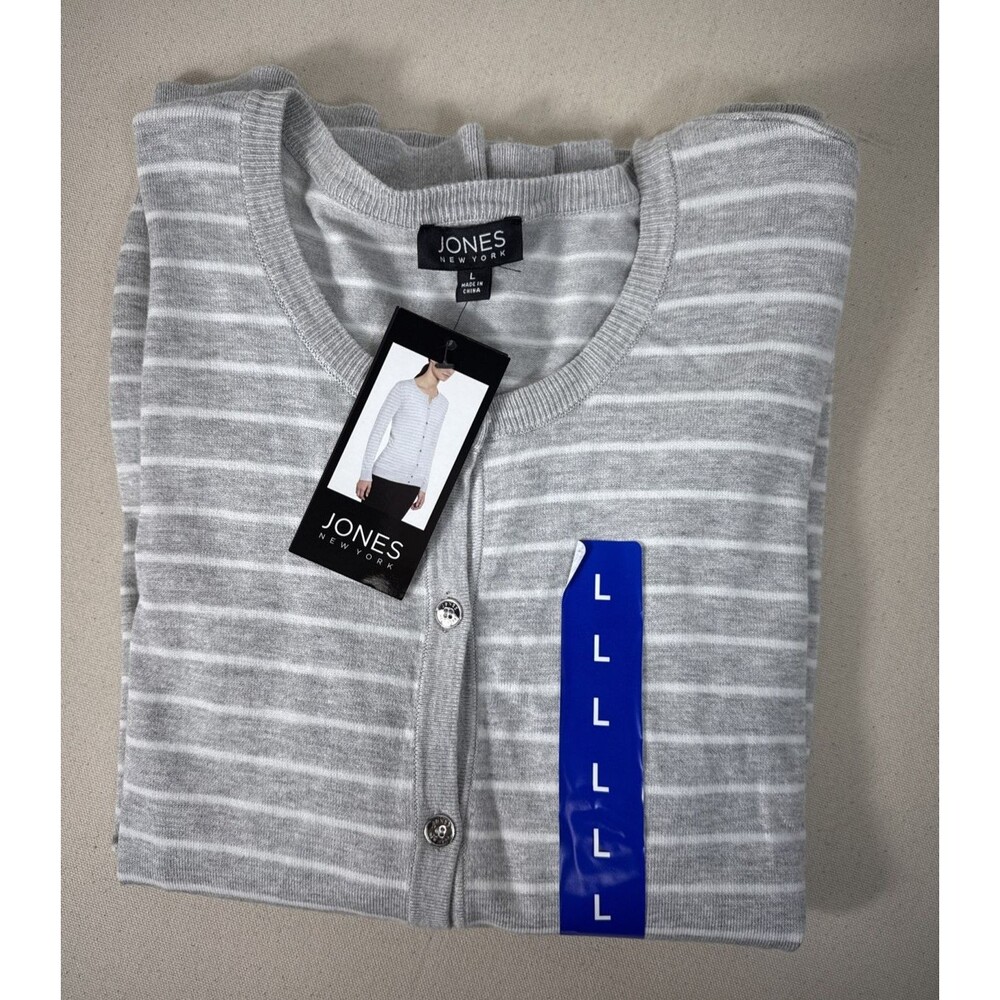 Jones New York Women’s Large Gray White Stripe Lightweight Button Front Cardigan